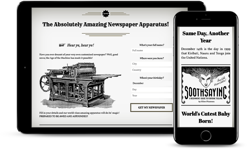 devices showing screenshots of The Absolutely Amazing Newspaper Apparatus app.