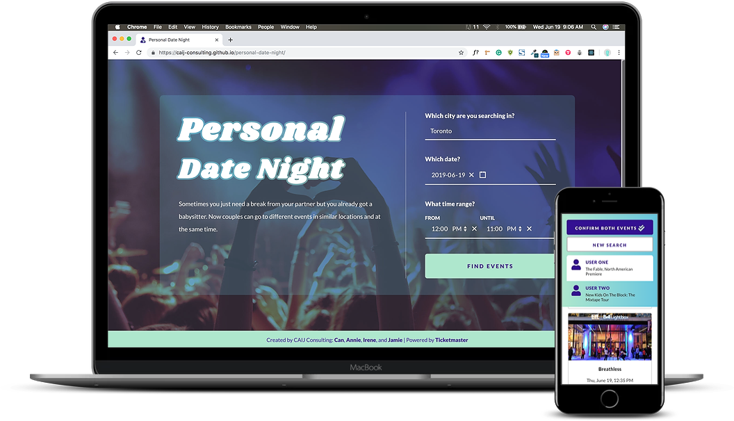 devices showing screenshots of Personal Date Night website.